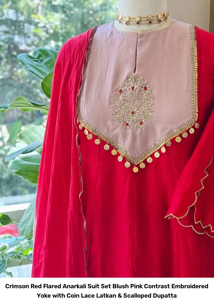 Crimson Red Flared Anarkali Suit Set – Blush Pink Contrast Embroidered Yoke with Coin Lace Latkan & Scalloped Dupatta 4