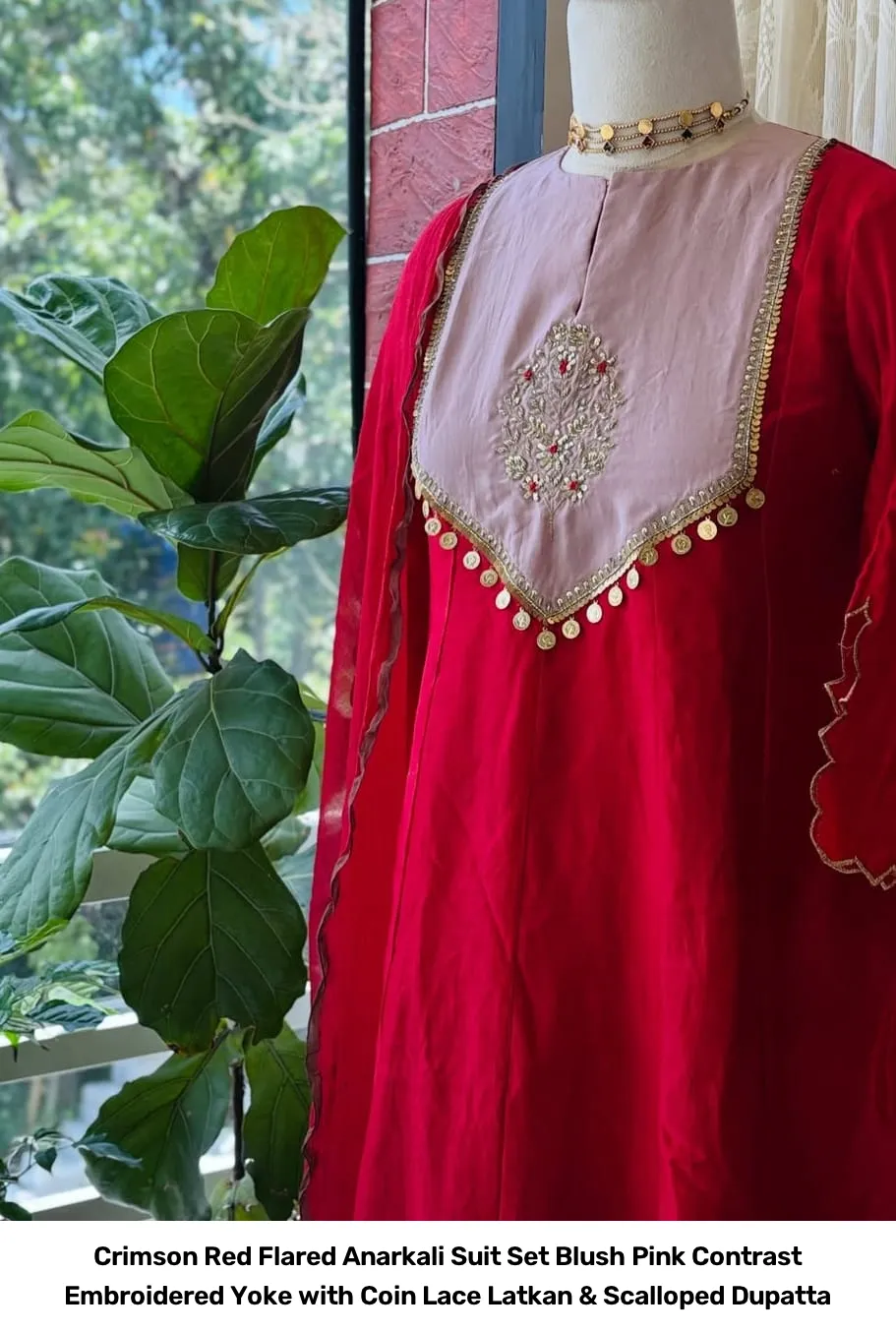 Crimson Red Flared Anarkali Suit Set – Blush Pink Contrast Embroidered Yoke with Coin Lace Latkan & Scalloped Dupatta 5