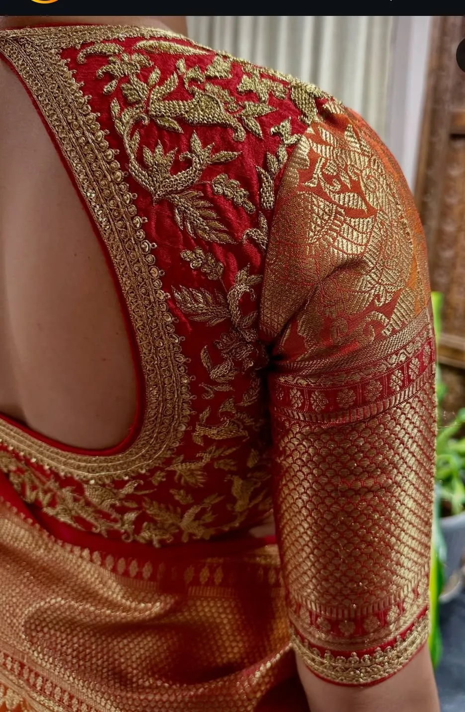 Crimson Red Hand Embroidered Silk Blouse – Traditional Kanchipuram Zari Sleeve Choli, Bridal Aari Floral Cutout Back Wedding Top