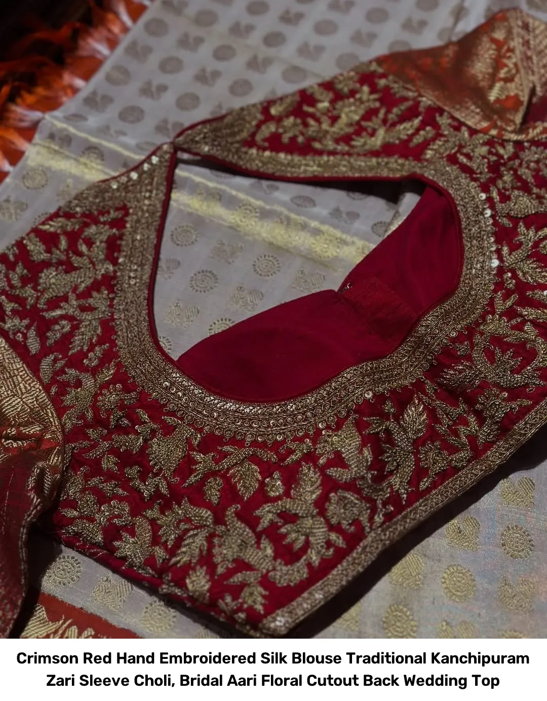 Crimson Red Hand Embroidered Silk Blouse – Traditional Kanchipuram Zari Sleeve Choli, Bridal Aari Floral Cutout Back Wedding Top 2