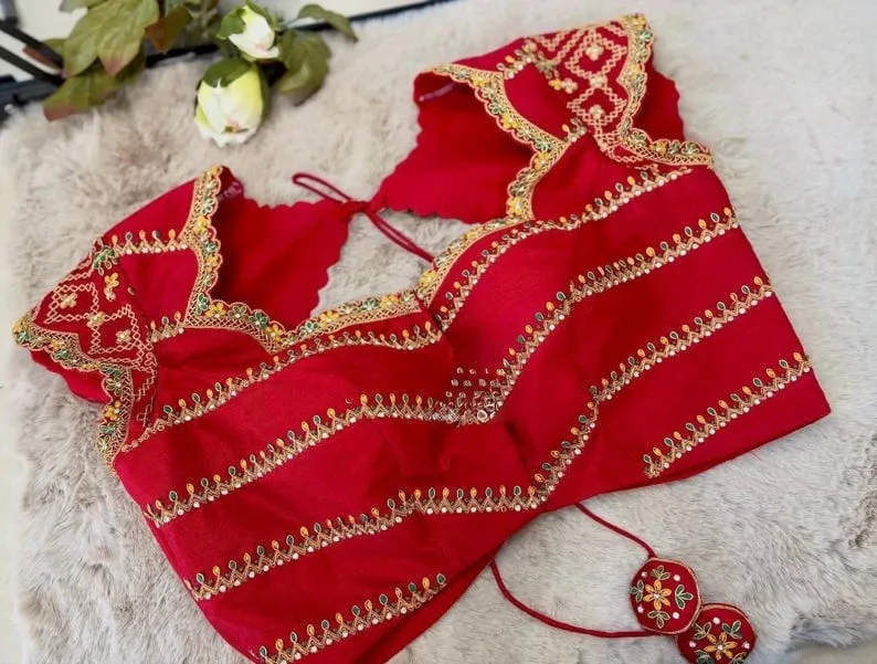 Crimson Red Raw Silk Bridal Maggam Work Blouse | Scallop Neck Diagonal Stone & Zardosi Hand Work Saree Blouse