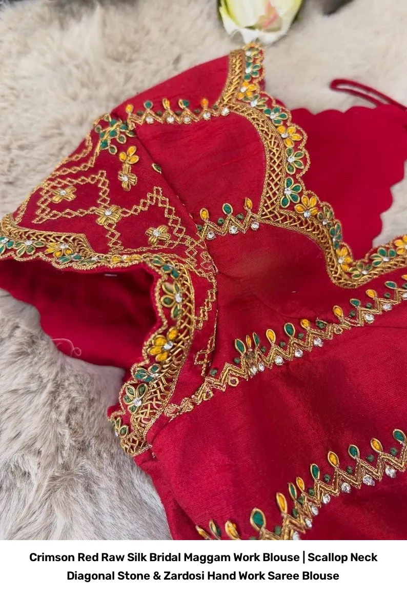 Crimson Red Raw Silk Bridal Maggam Work Blouse | Scallop Neck Diagonal Stone & Zardosi Hand Work Saree Blouse 2
