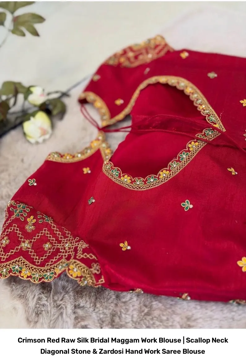 Crimson Red Raw Silk Bridal Maggam Work Blouse | Scallop Neck Diagonal Stone & Zardosi Hand Work Saree Blouse 3