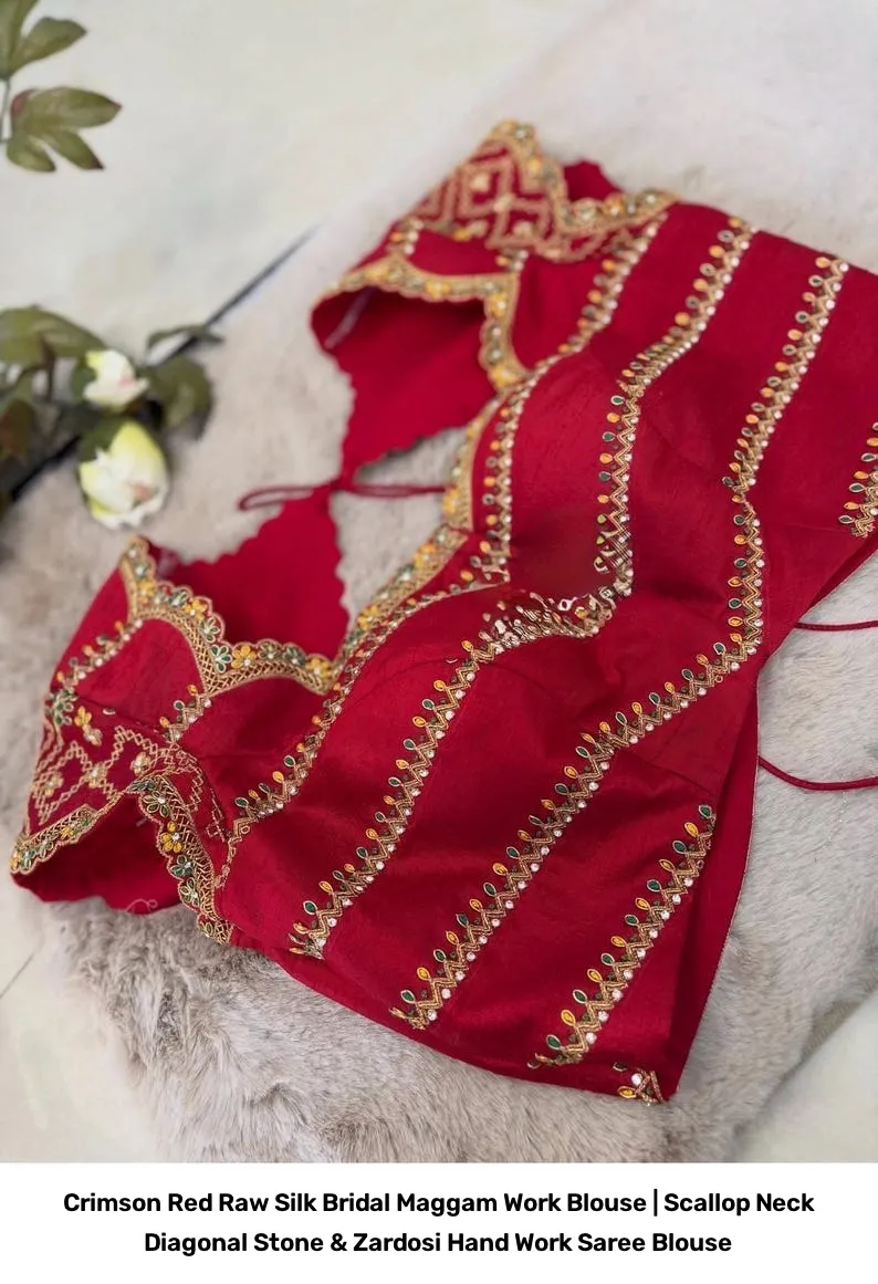 Crimson Red Raw Silk Bridal Maggam Work Blouse | Scallop Neck Diagonal Stone & Zardosi Hand Work Saree Blouse 4