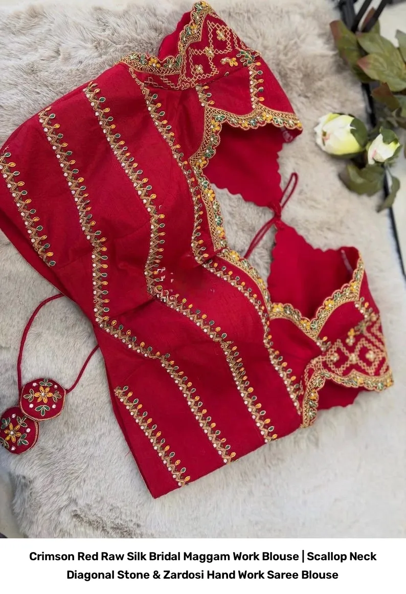 Crimson Red Raw Silk Bridal Maggam Work Blouse | Scallop Neck Diagonal Stone & Zardosi Hand Work Saree Blouse 5