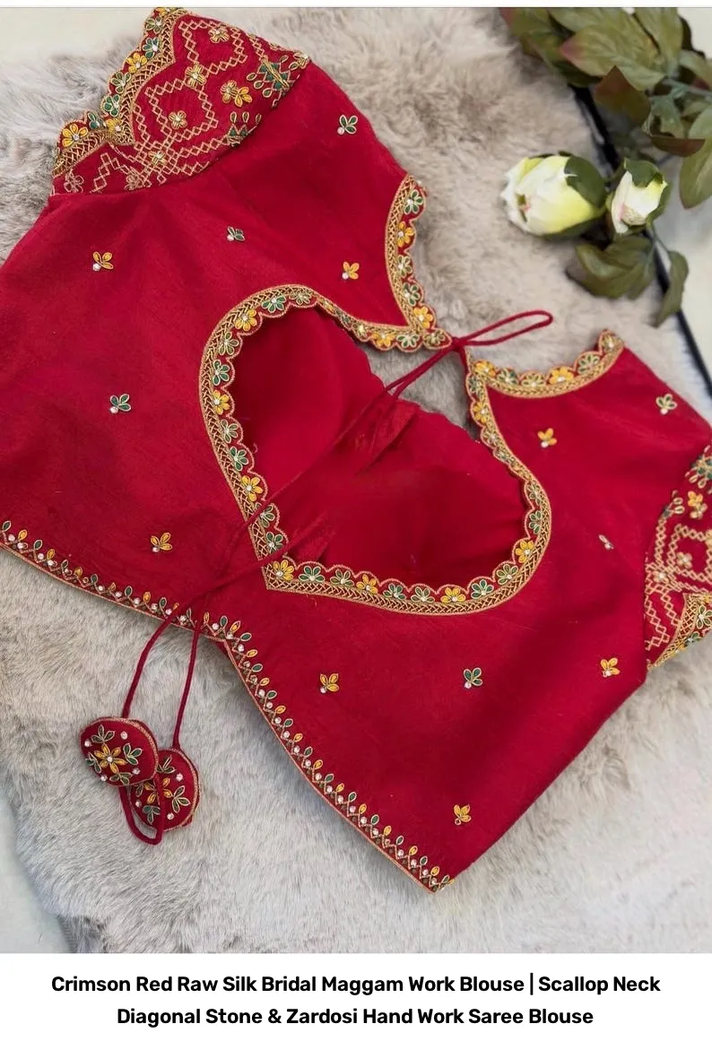Crimson Red Raw Silk Bridal Maggam Work Blouse | Scallop Neck Diagonal Stone & Zardosi Hand Work Saree Blouse 6