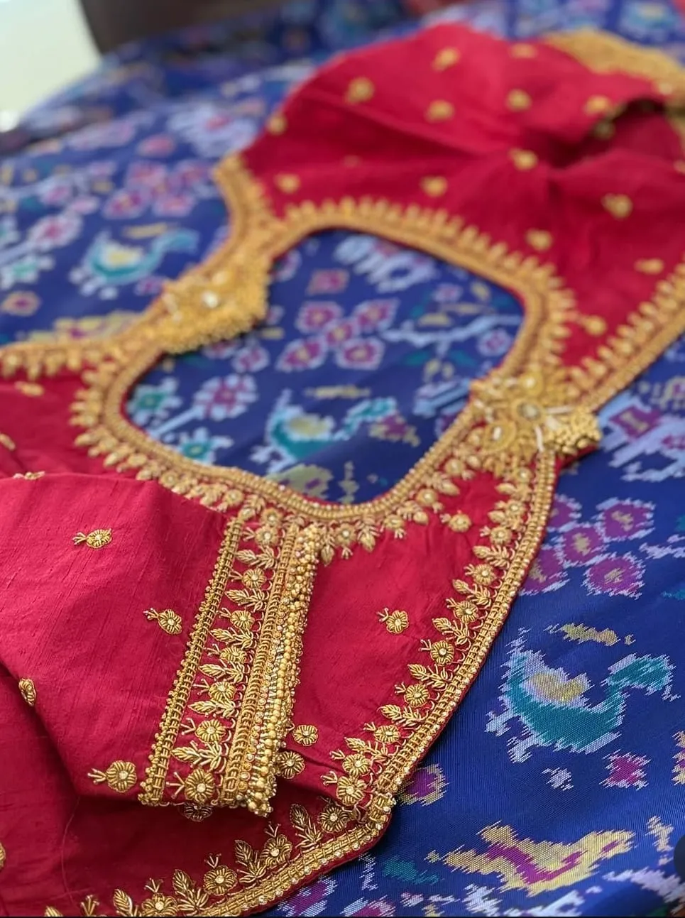 Crimson Red Raw Silk Maggam Work Blouse | Golden Bead Hangings & Floral Zardozi Bridal Blouse