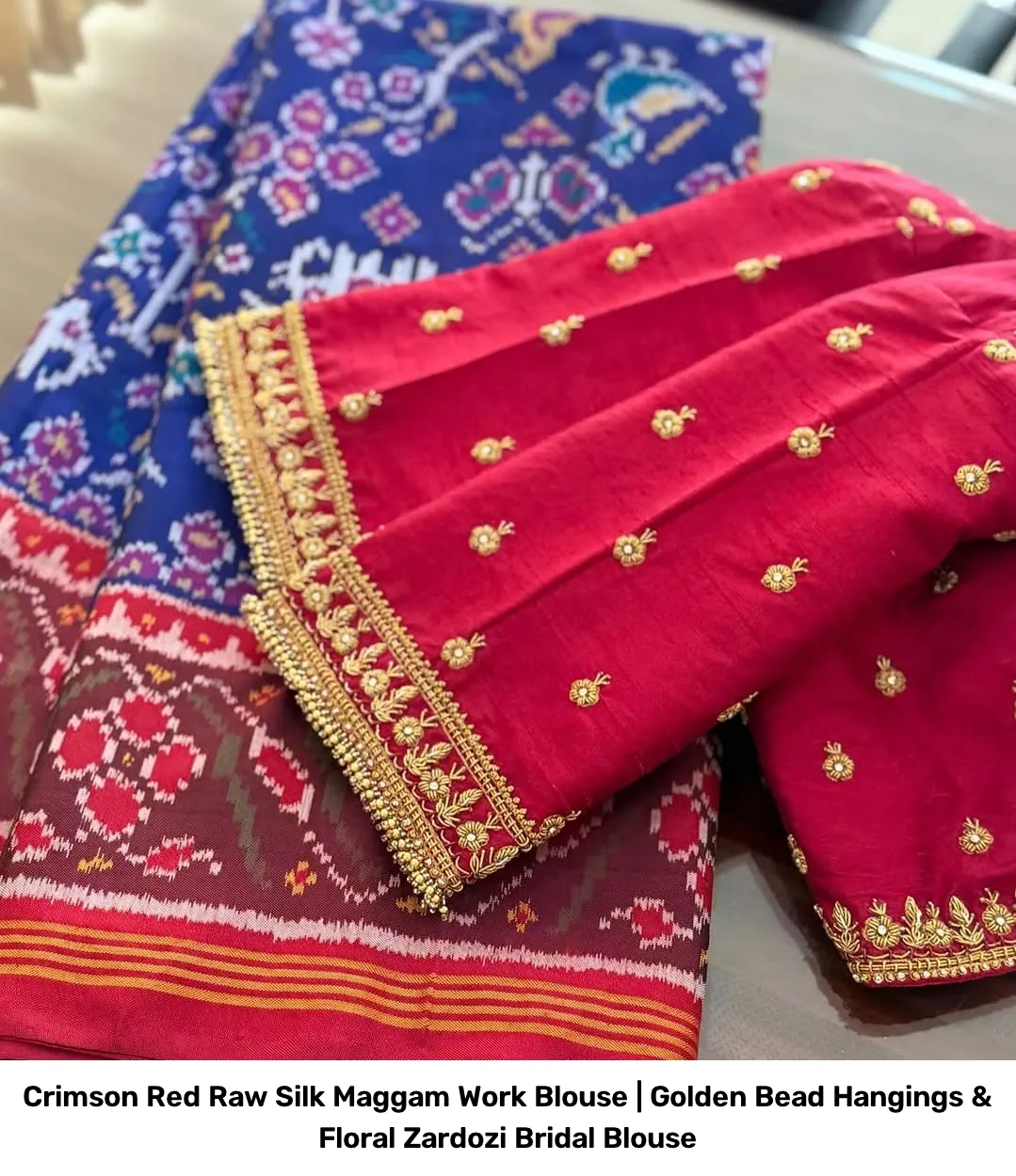 Crimson Red Raw Silk Maggam Work Blouse | Golden Bead Hangings & Floral Zardozi Bridal Blouse 2