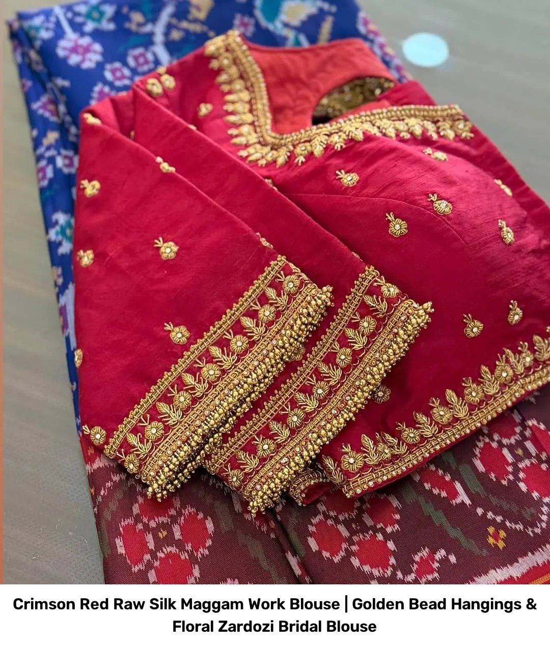 Crimson Red Raw Silk Maggam Work Blouse | Golden Bead Hangings & Floral Zardozi Bridal Blouse 3