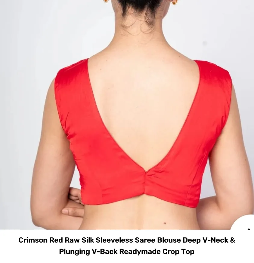 Crimson Red Raw Silk Sleeveless Saree Blouse – Deep V-Neck & Plunging V-Back Readymade Crop Top 2