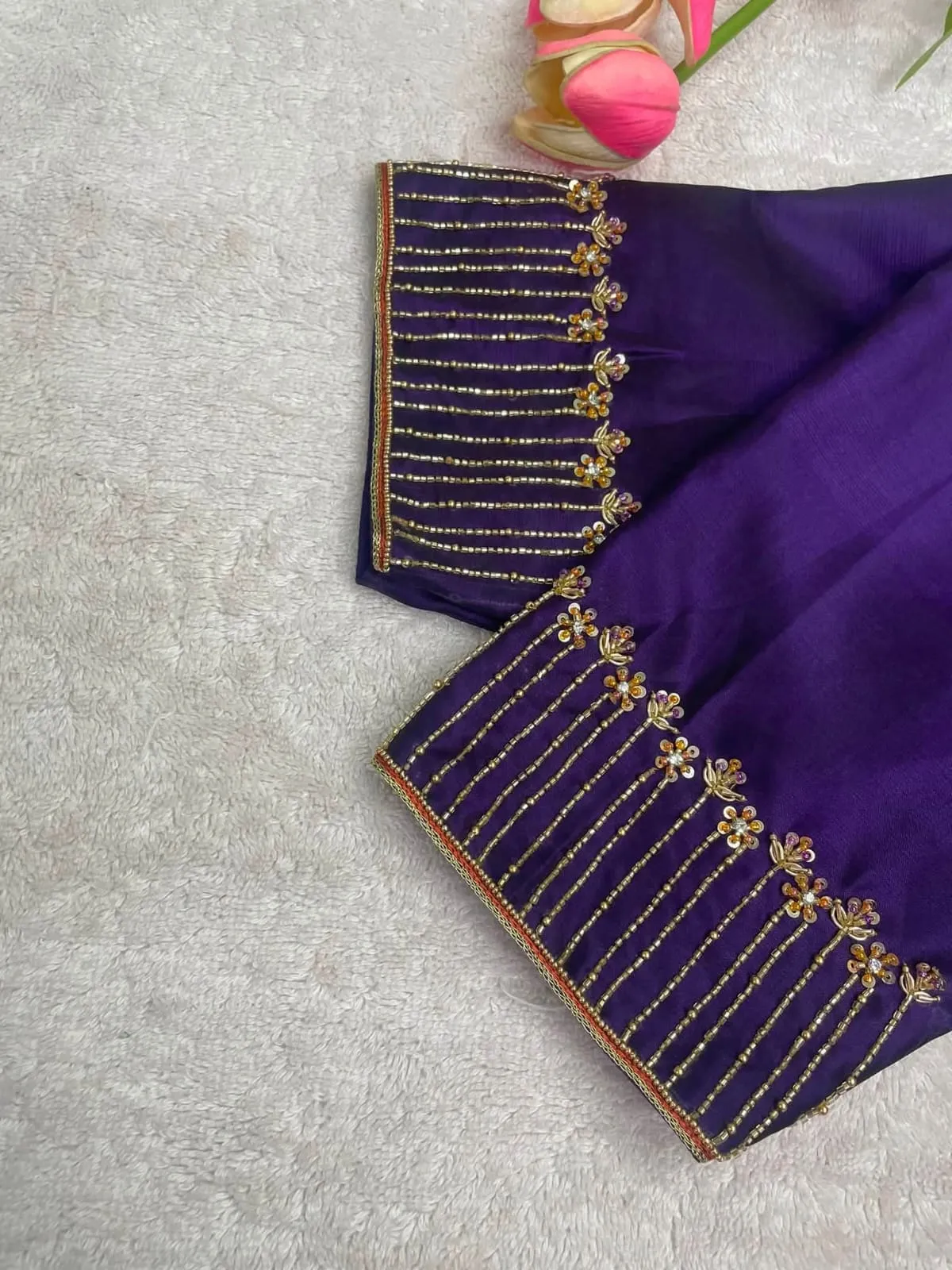 Custom Made Purple Silk Blouse | Handcrafted Sequin Flower & Bead Work Saree Top