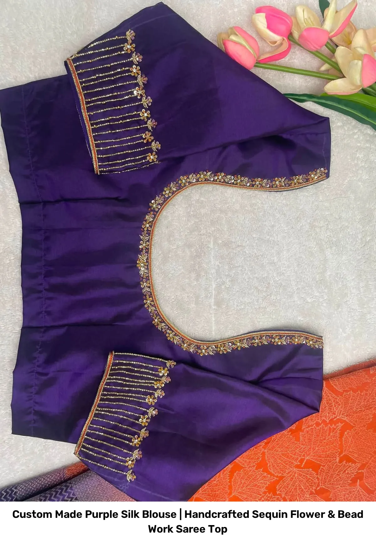 Custom Made Purple Silk Blouse | Handcrafted Sequin Flower & Bead Work Saree Top 2