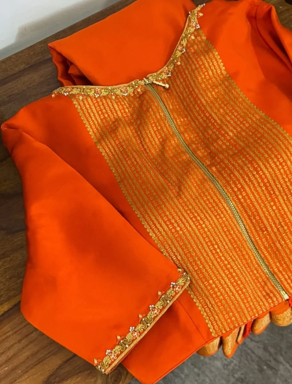 Custom Ready to Wear Orange Silk Blouse | Delicate Floral Cutwork Trim & Elbow Sleeves
