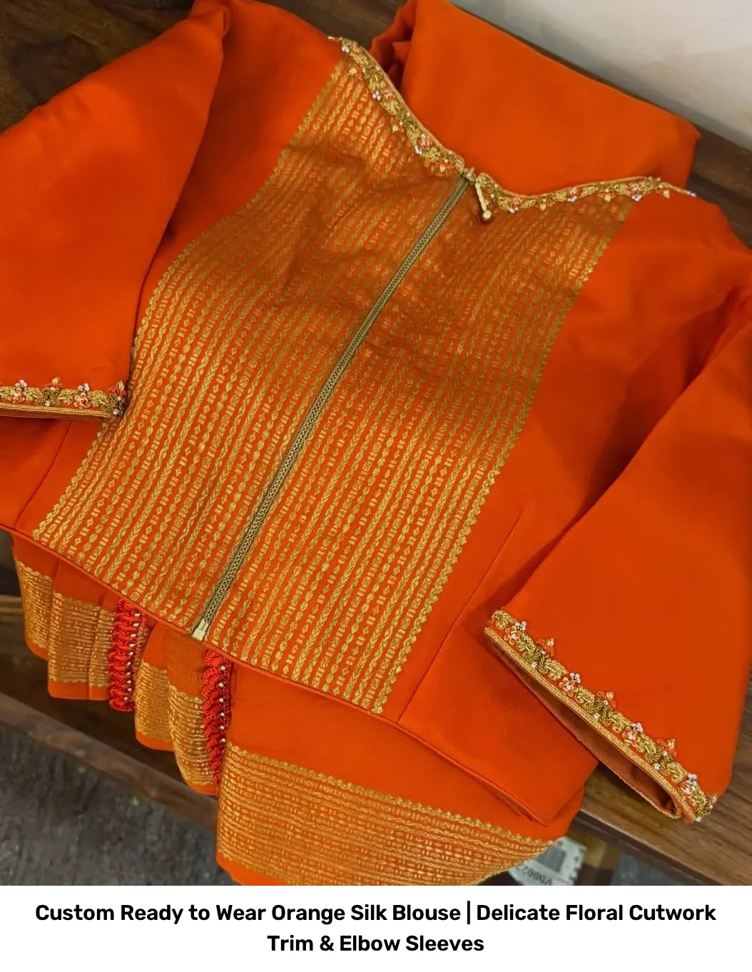 Custom Ready to Wear Orange Silk Blouse | Delicate Floral Cutwork Trim & Elbow Sleeves 2