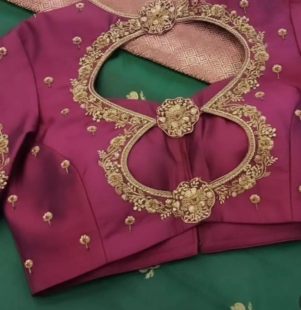 Custom Stitched Magenta Bridal Silk Blouse with Intricate Maggam Work 1