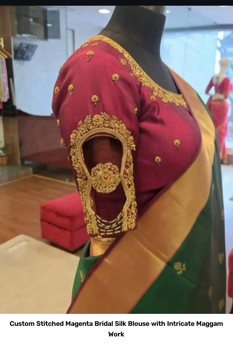 Custom Stitched Magenta Bridal Silk Blouse with Intricate Maggam Work 2