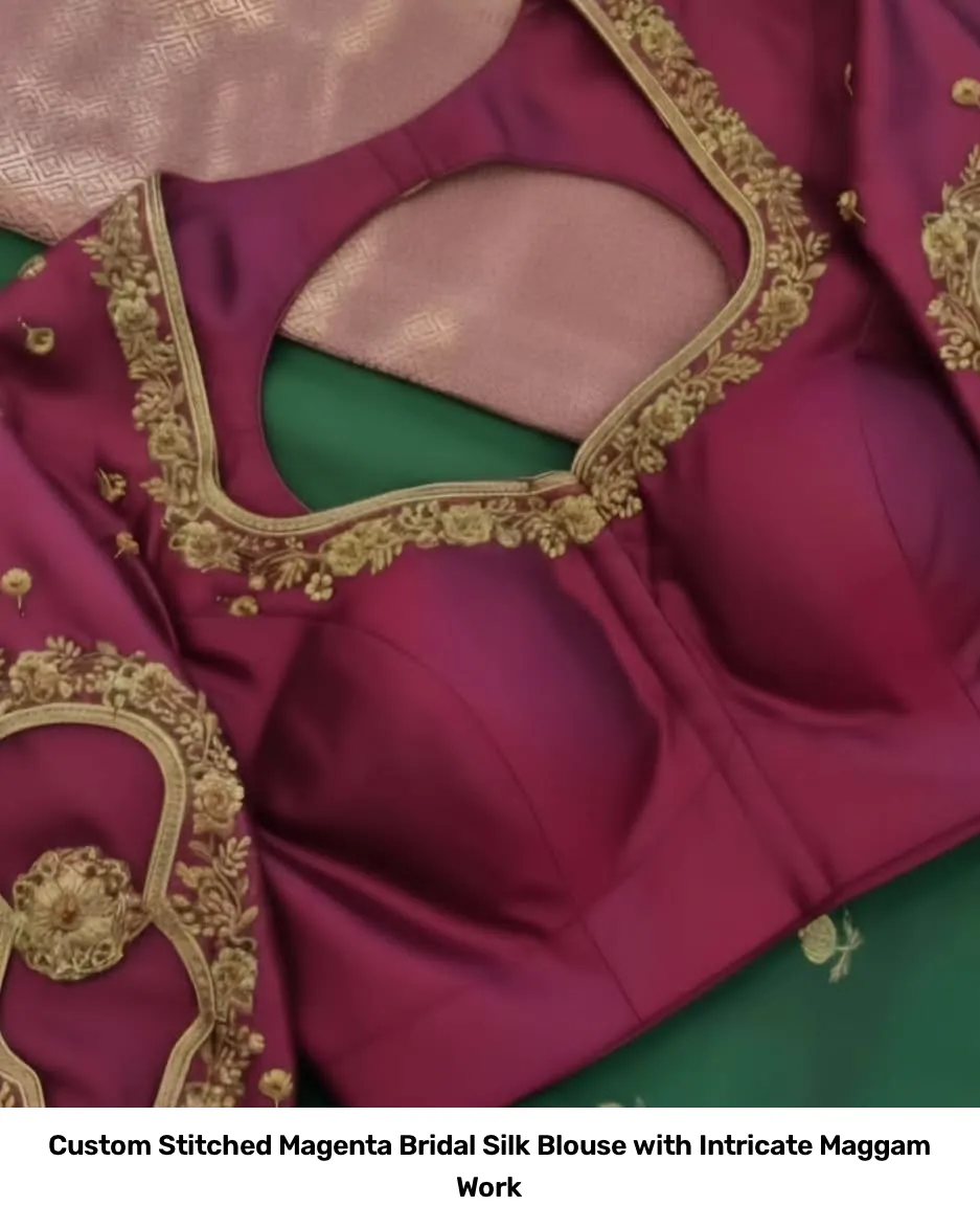 Custom Stitched Magenta Bridal Silk Blouse with Intricate Maggam Work 3