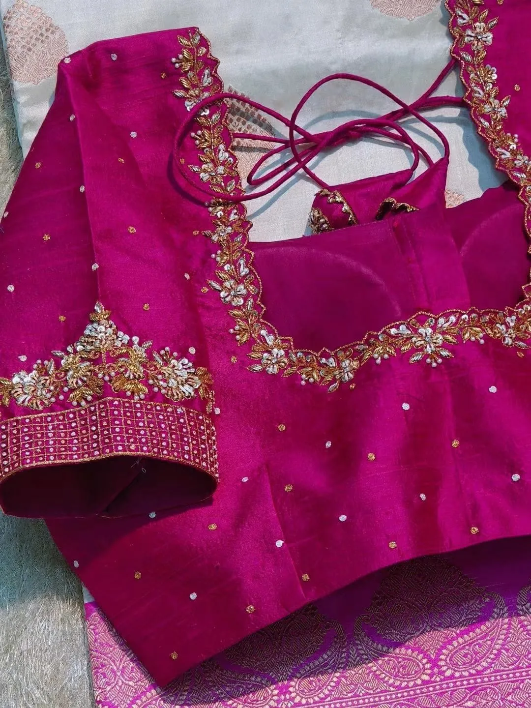 Custom Stitched Pink Bridal Silk Blouse with Intricate Maggam Work