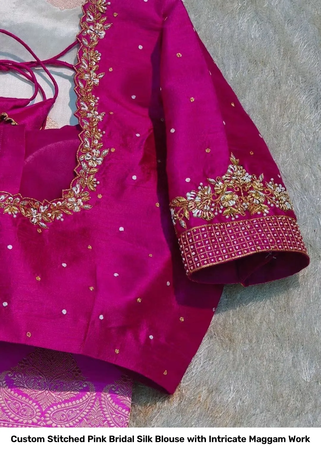 Custom Stitched Pink Bridal Silk Blouse with Intricate Maggam Work 2