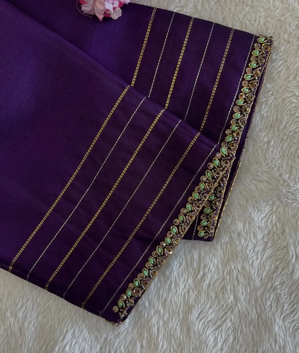 Custom Violet Pure Silk Blouse with Minimalist Aari Stone Border, Gold Zari Stripe Sleeves | Custom Stitched Festive Blouse 1