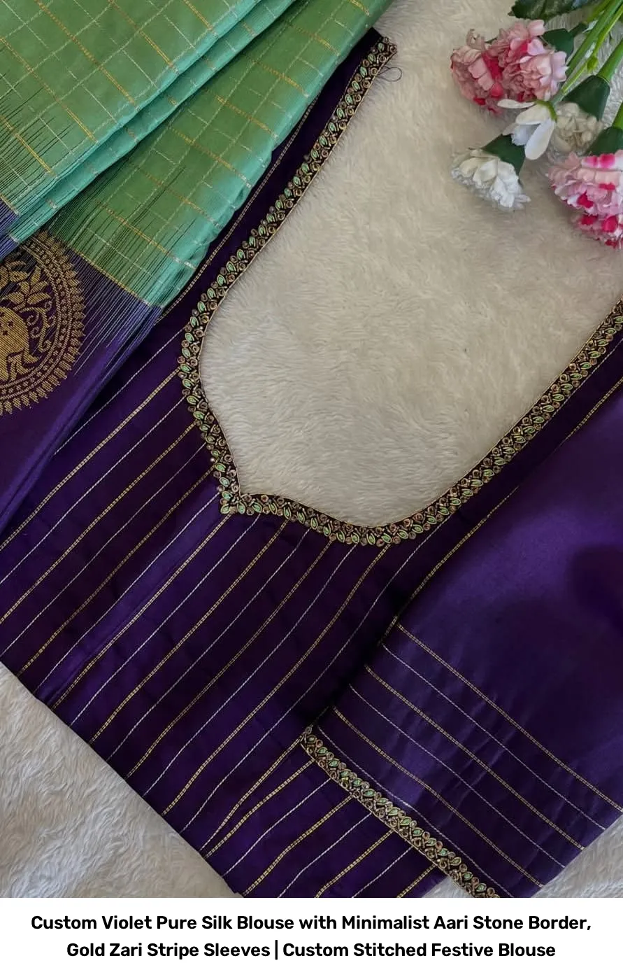 Custom Violet Pure Silk Blouse with Minimalist Aari Stone Border, Gold Zari Stripe Sleeves | Custom Stitched Festive Blouse 2