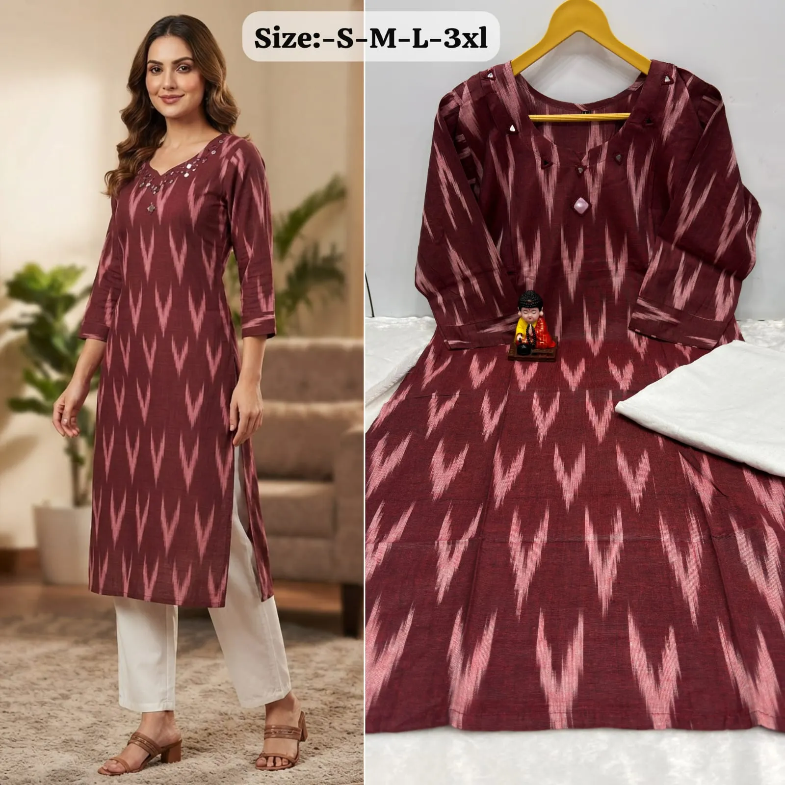 Daily Wear Handloom Style Ikkat Straight Kurta with Flared Cotton Palazzo