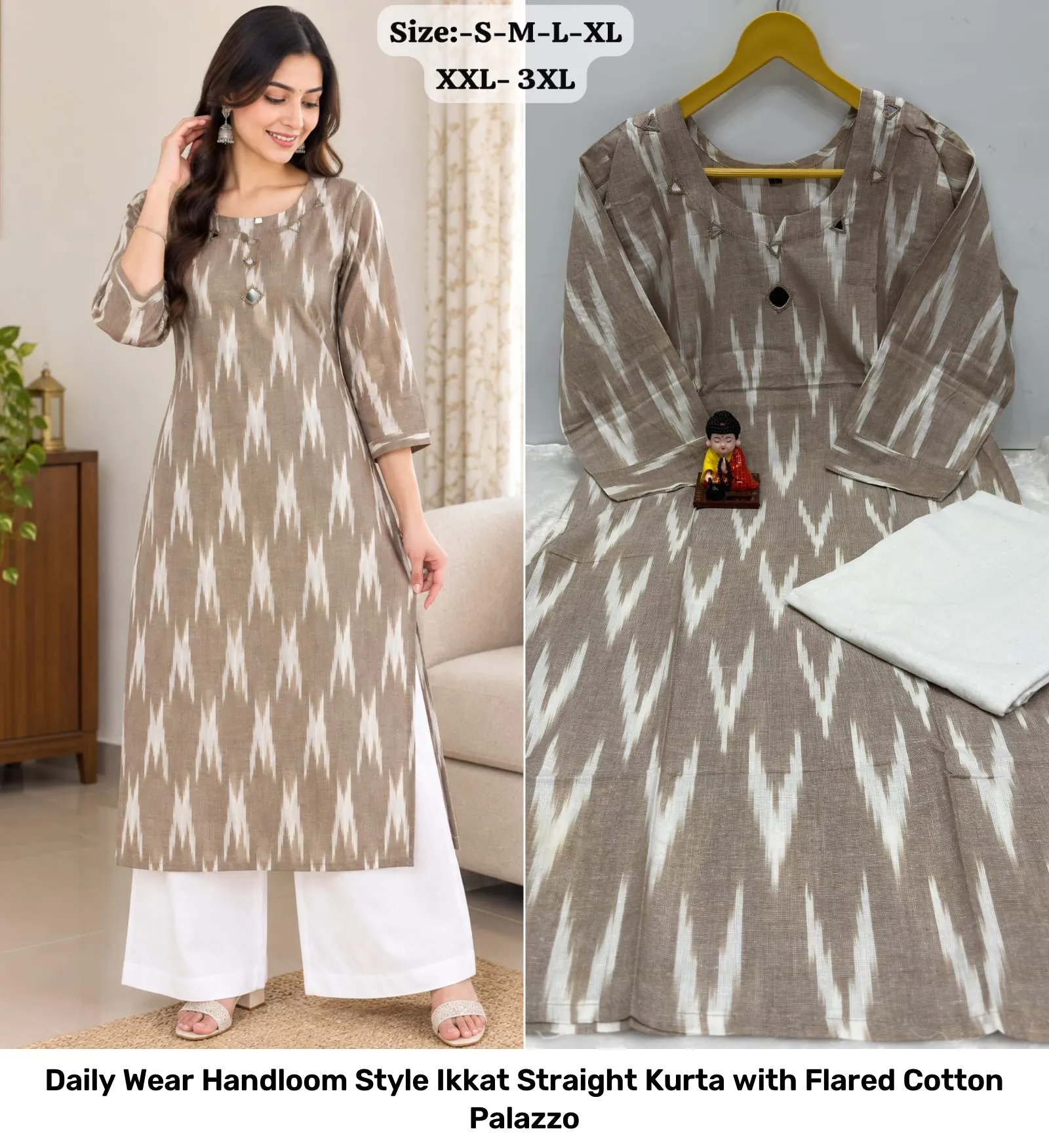 Daily Wear Handloom Style Ikkat Straight Kurta with Flared Cotton Palazzo 10