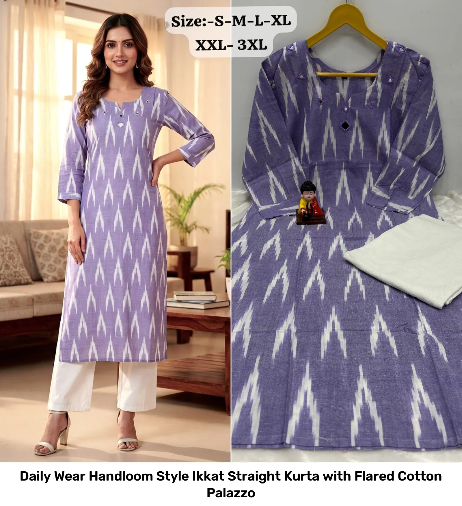 Daily Wear Handloom Style Ikkat Straight Kurta with Flared Cotton Palazzo 2