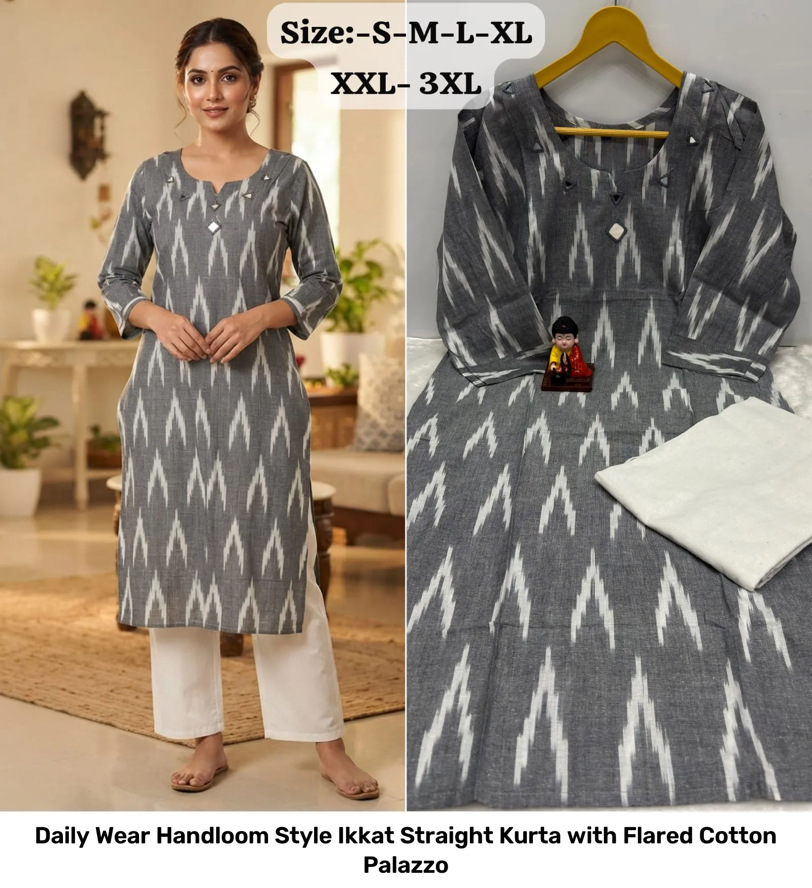 Daily Wear Handloom Style Ikkat Straight Kurta with Flared Cotton Palazzo 3