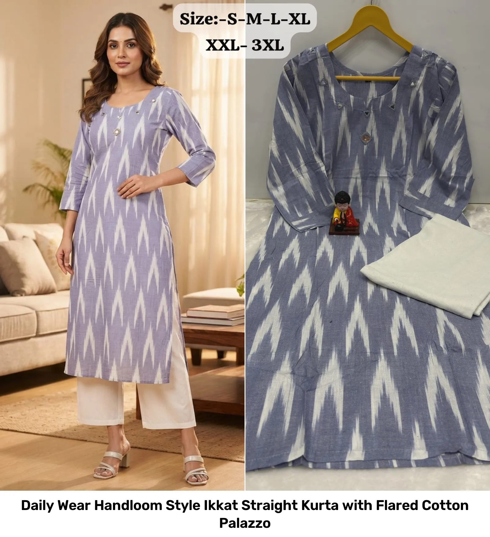 Daily Wear Handloom Style Ikkat Straight Kurta with Flared Cotton Palazzo 4
