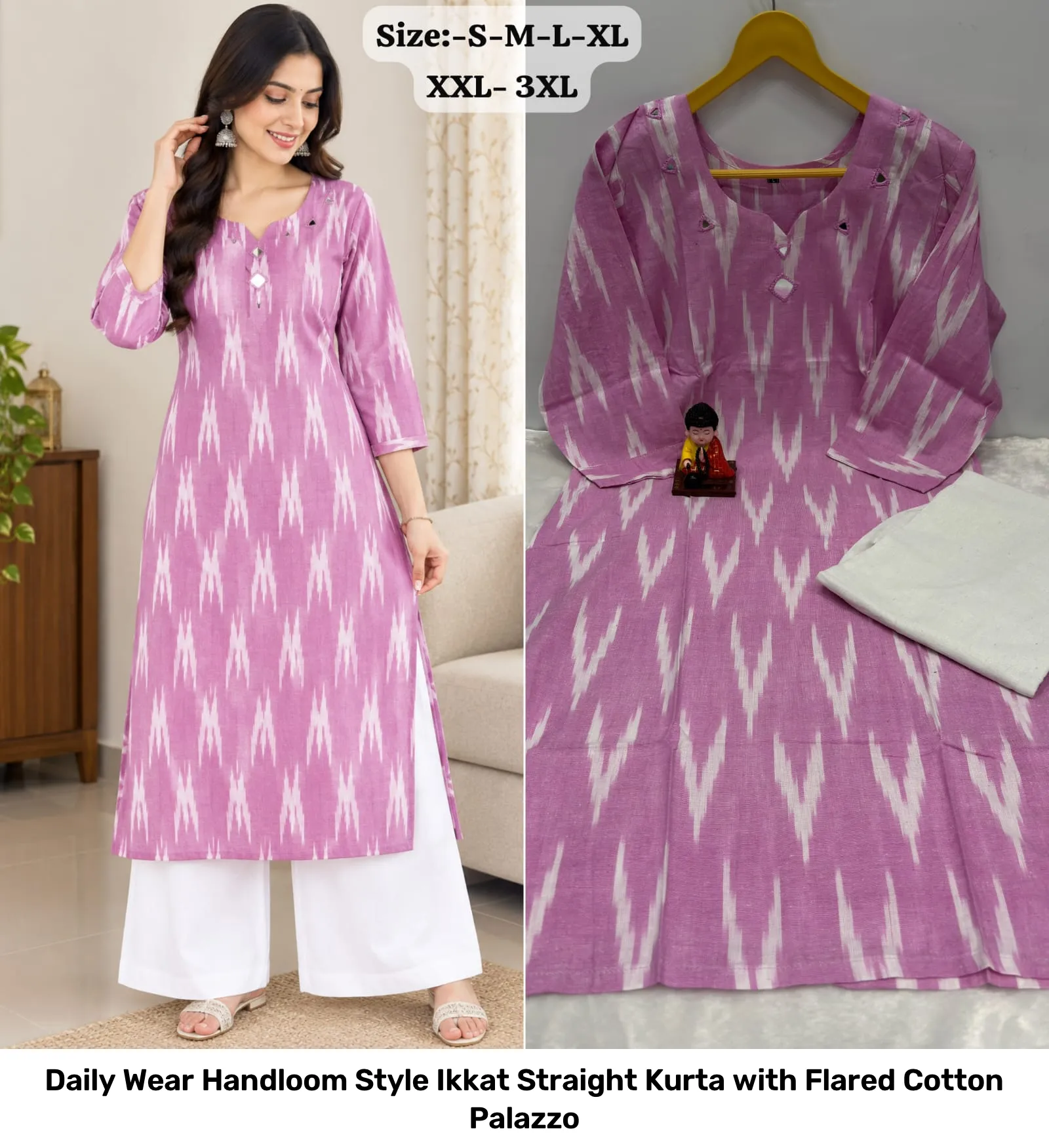 Daily Wear Handloom Style Ikkat Straight Kurta with Flared Cotton Palazzo 5