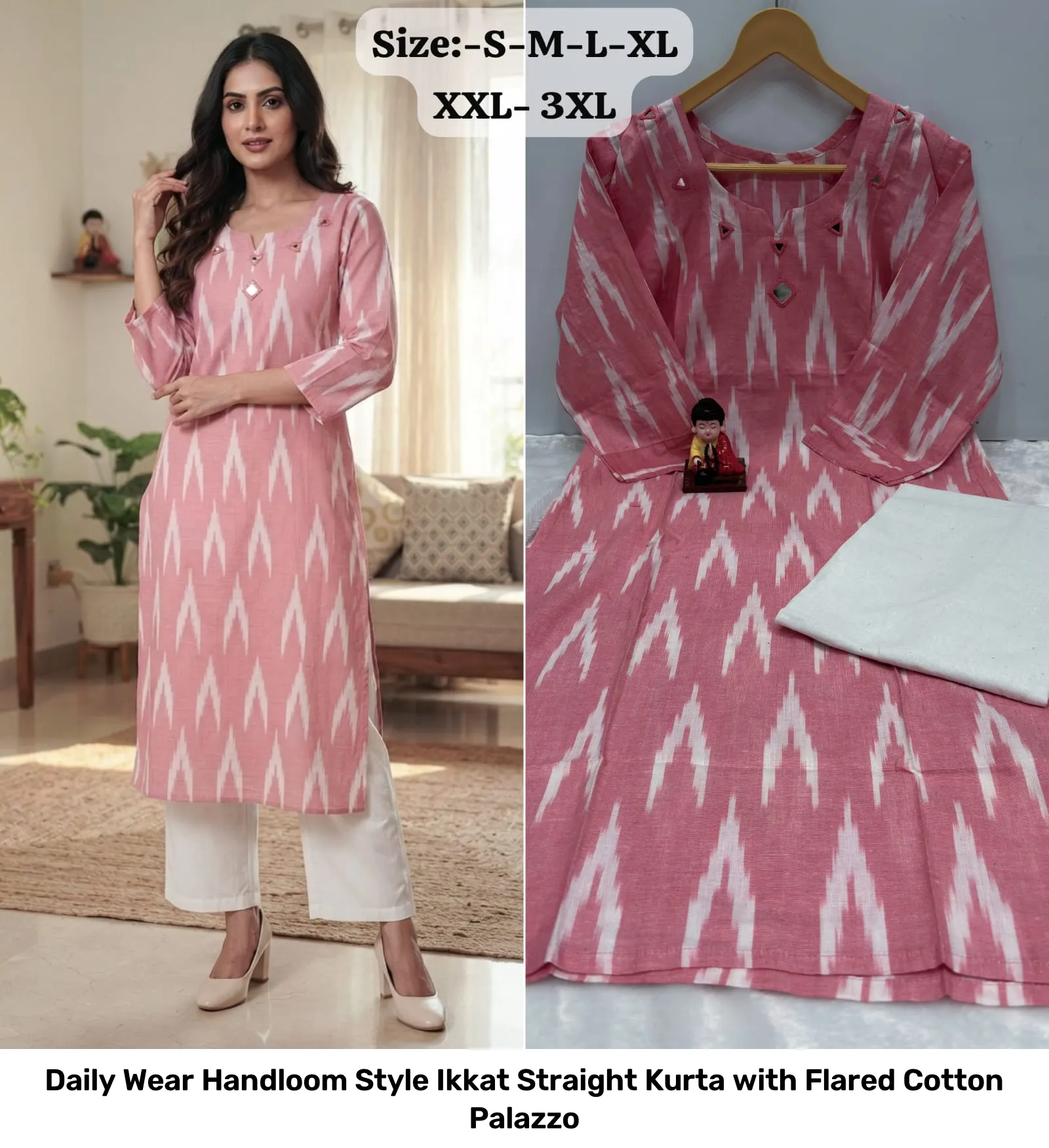 Daily Wear Handloom Style Ikkat Straight Kurta with Flared Cotton Palazzo 6