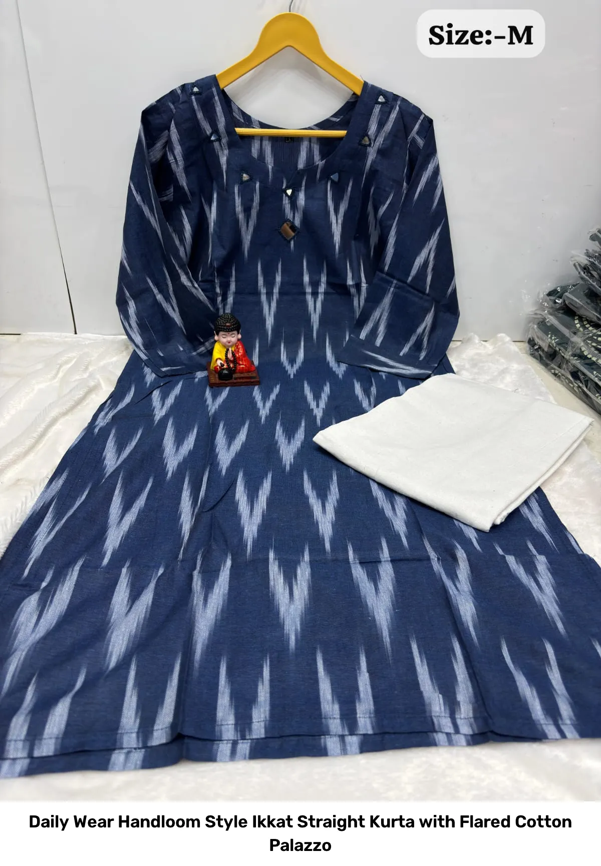 Daily Wear Handloom Style Ikkat Straight Kurta with Flared Cotton Palazzo 7