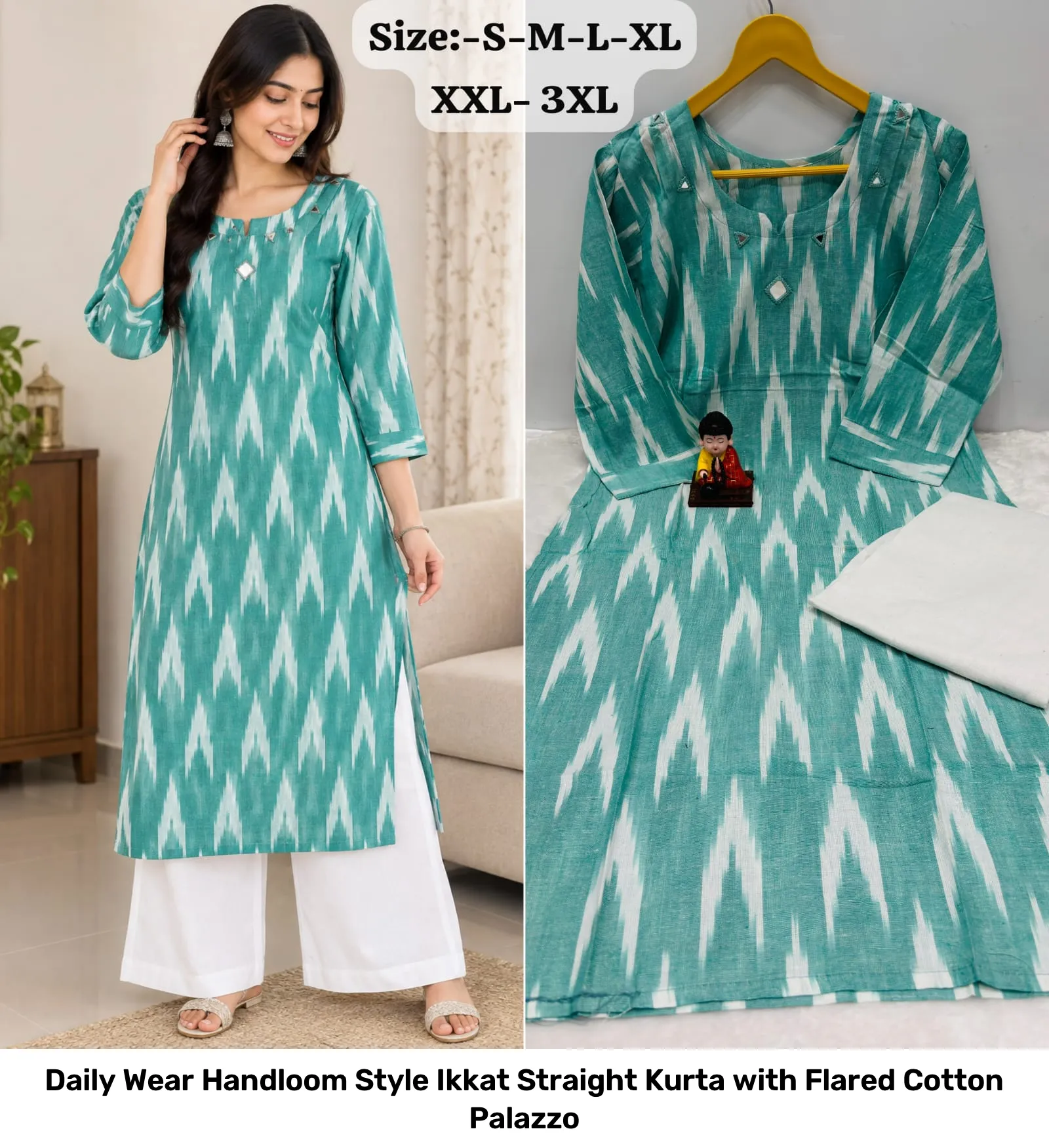 Daily Wear Handloom Style Ikkat Straight Kurta with Flared Cotton Palazzo 9