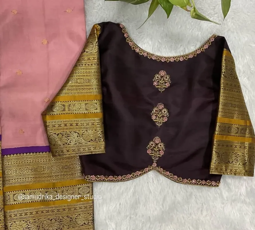 Dark Brown Raw Silk Saree Blouse | Gold Zari Border Elbow Sleeves & Floral Buti Designer Blouse
