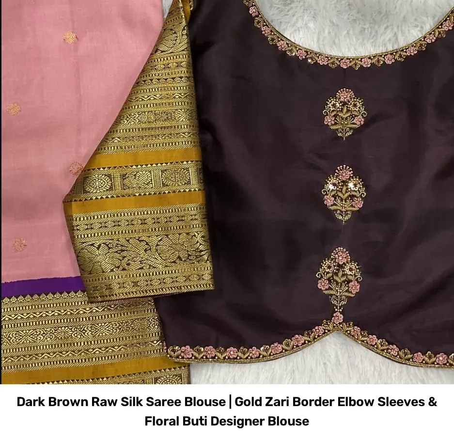 Dark Brown Raw Silk Saree Blouse | Gold Zari Border Elbow Sleeves & Floral Buti Designer Blouse 2