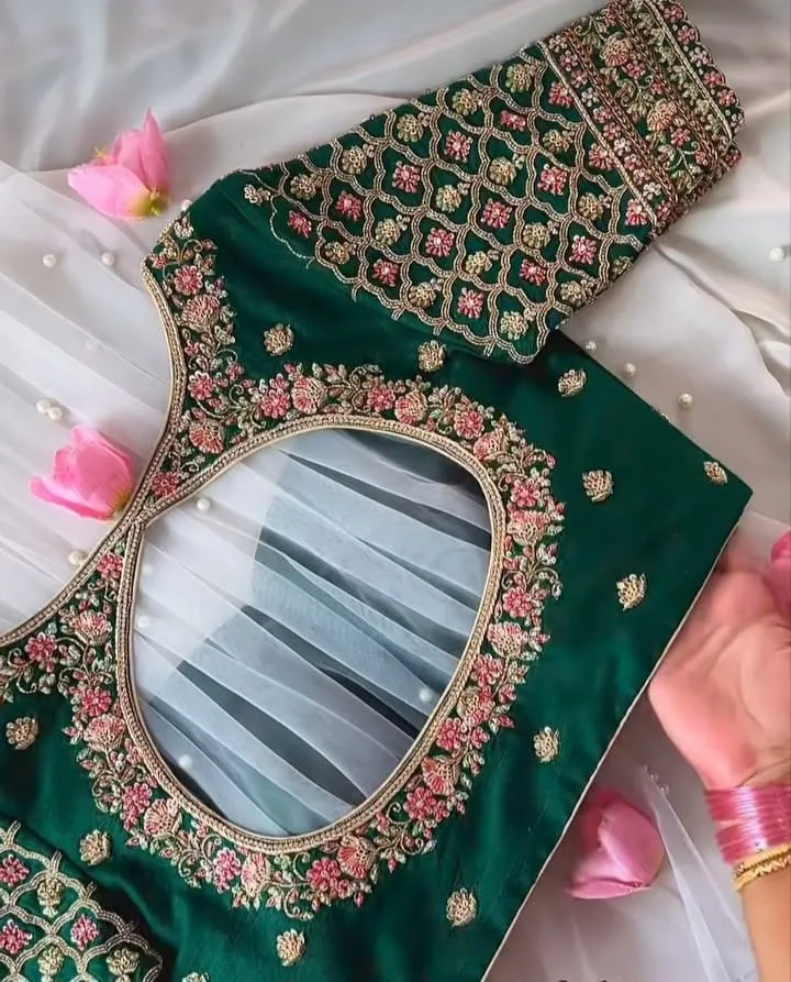 Dark Green Maggam Work Designer Saree Blouse | Bridal Net Back Blouse Online