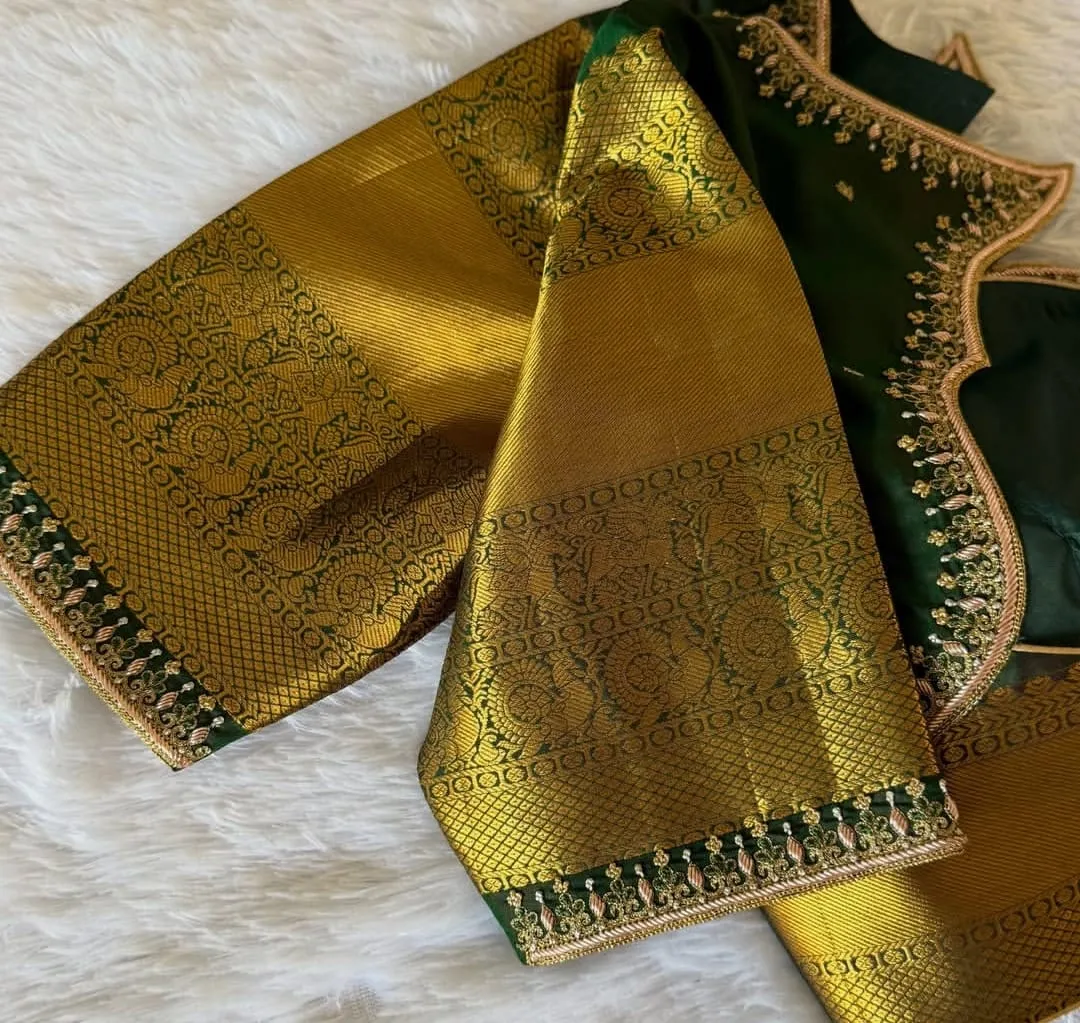 Dark Green Silk Designer Blouse with Gold Brocade Sleeves & Hand Embroidery | Readymade Blouses 1