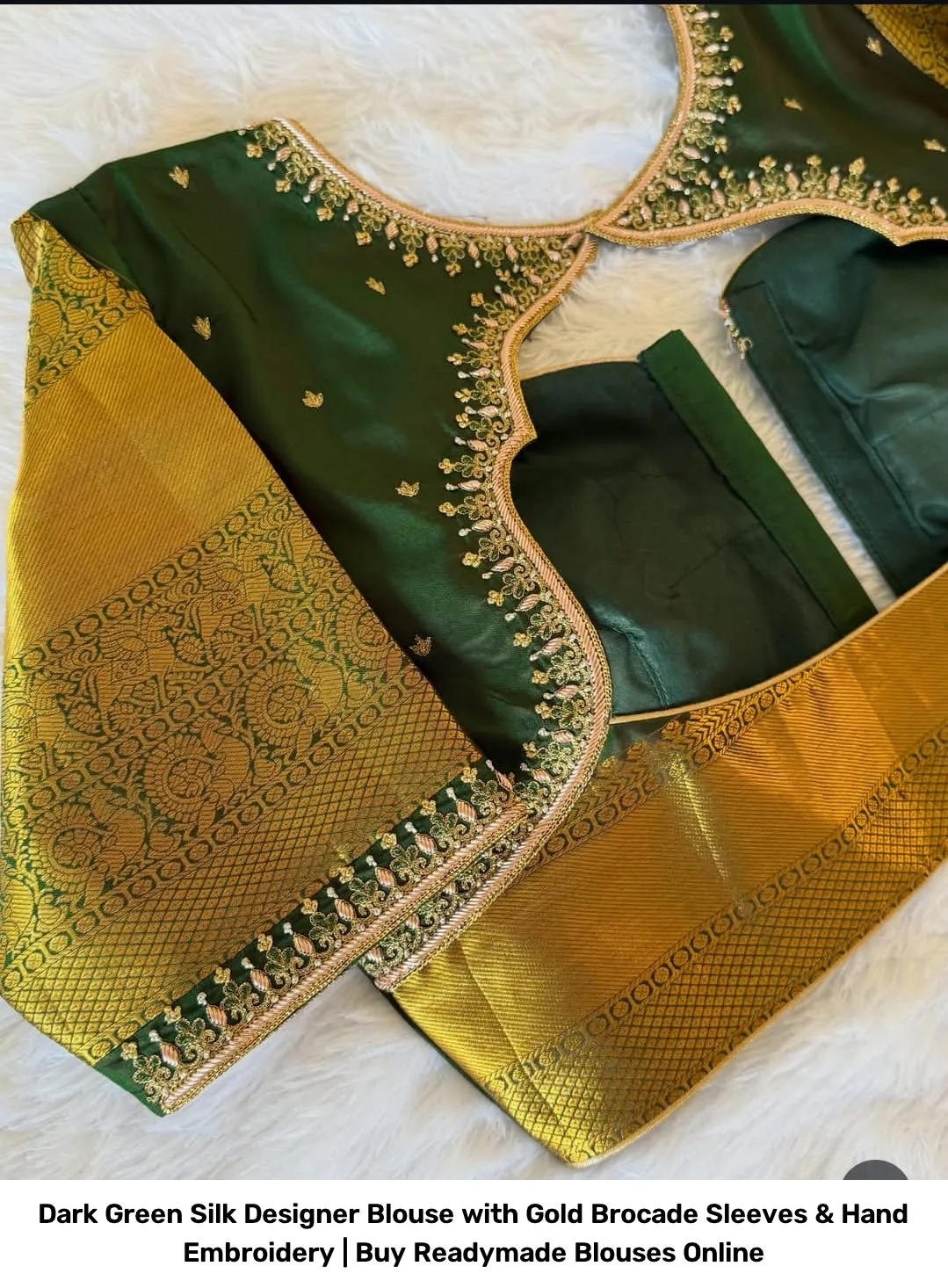 Dark Green Silk Designer Blouse with Gold Brocade Sleeves & Hand Embroidery | Readymade Blouses 2