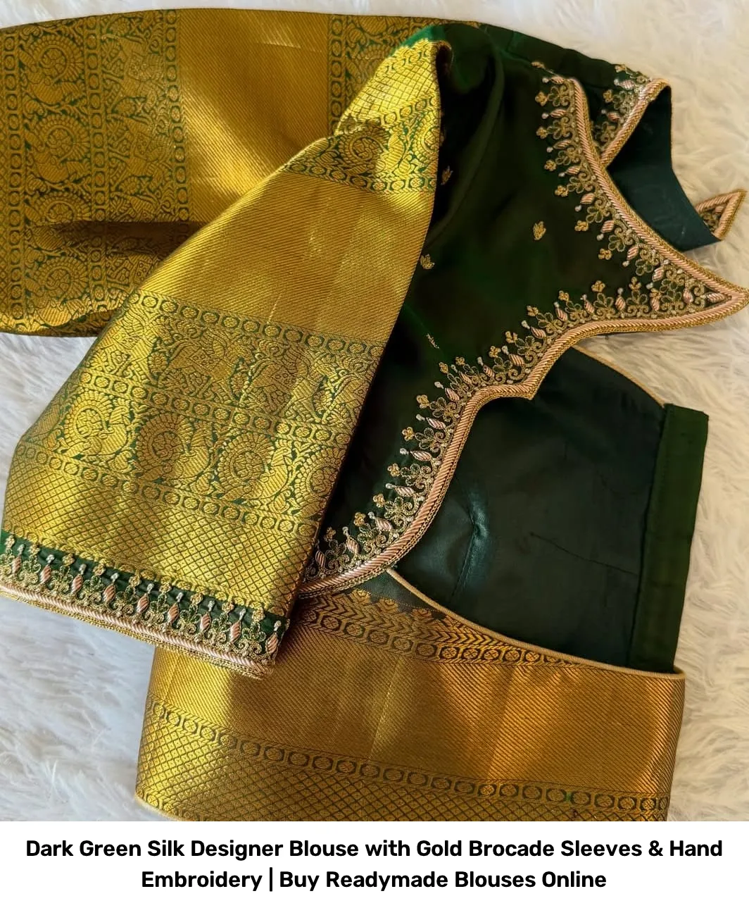 Dark Green Silk Designer Blouse with Gold Brocade Sleeves & Hand Embroidery | Readymade Blouses 3