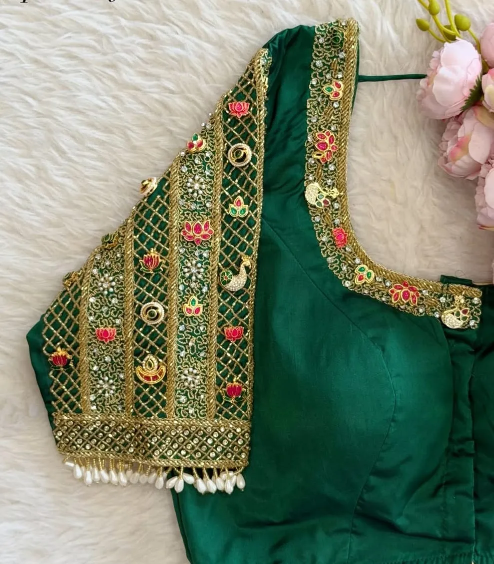 Dark Green Silk Heavy Hand-Embroidered Designer Blouse with Stone Work | Buy Readymade Blouses Online