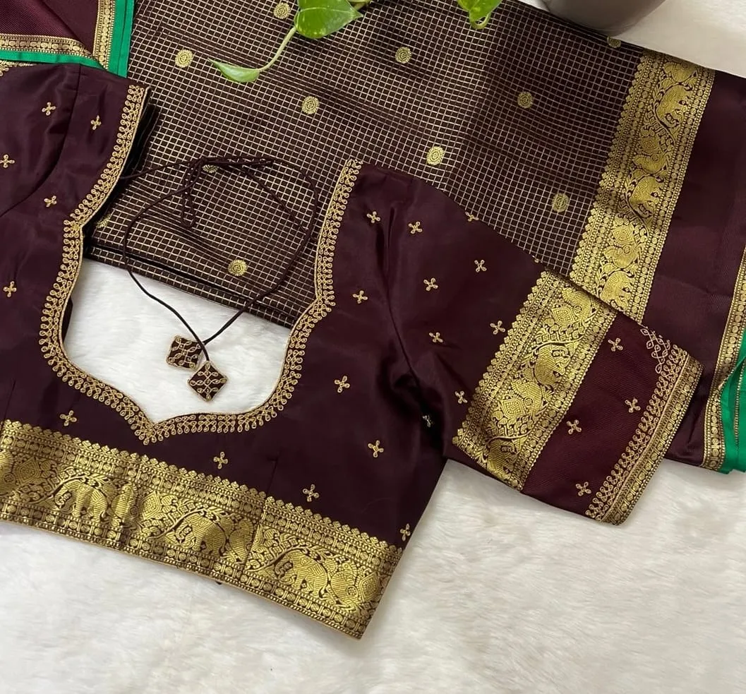 Dark Maroon Hand Embroidered Blouse for Pattu & Kanjivaram Sarees