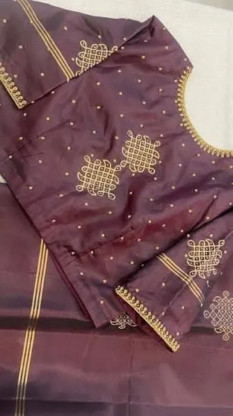 Dark Plum Silk Designer Blouse with Kolam Geometric Zardosi Motifs | Readymade Blouses 1