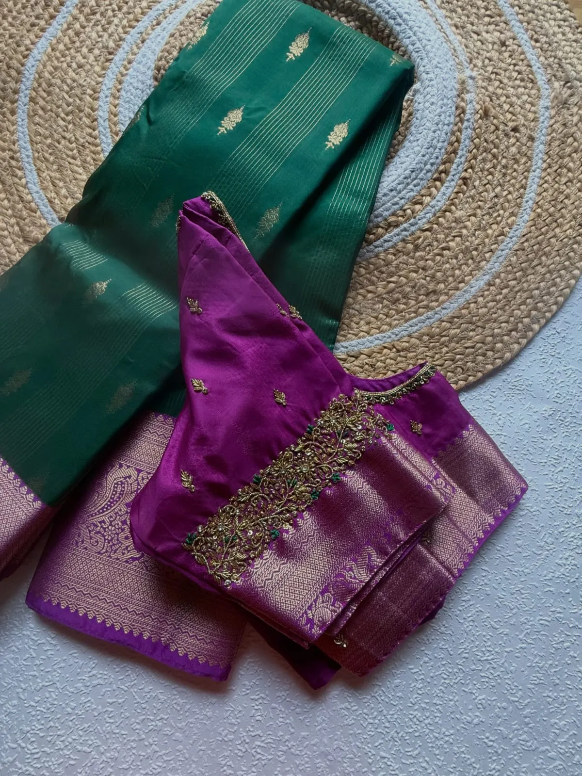 Deep Magenta Silk Designer Bridal Blouse featuring Rich Woven Brocade Border, Green Stone Detailing & Fine Handwork Buttis