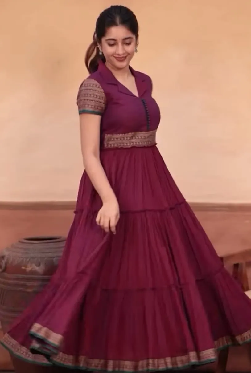 Deep Maroon Shirt Collar Flared Ethnic Gown with Zari Waistband & Hem