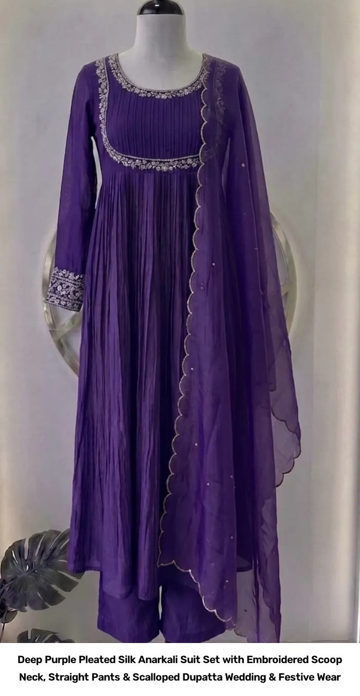 Deep Purple Pleated Silk Anarkali Suit Set with Embroidered Scoop Neck, Straight Pants & Scalloped Dupatta – Wedding & Festive Wear 2