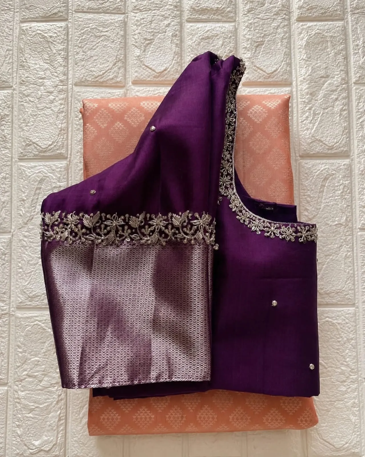 Deep Purple Silk Readymade Saree Blouse with Silver Zari Woven Border & Floral Hand Embroidered Neckline | Bridal Designer Blouse 1