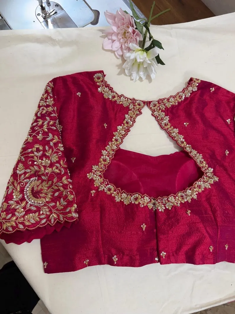 Deep Rani Pink Raw Silk Maggam Work Blouse | Cut-Out Back Neck Scallop Border Aari Embroidery Blouse