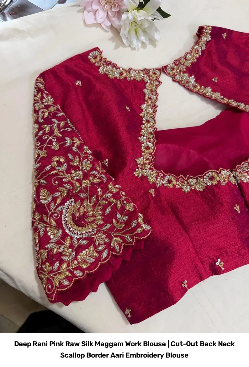 Deep Rani Pink Raw Silk Maggam Work Blouse | Cut-Out Back Neck Scallop Border Aari Embroidery Blouse 2