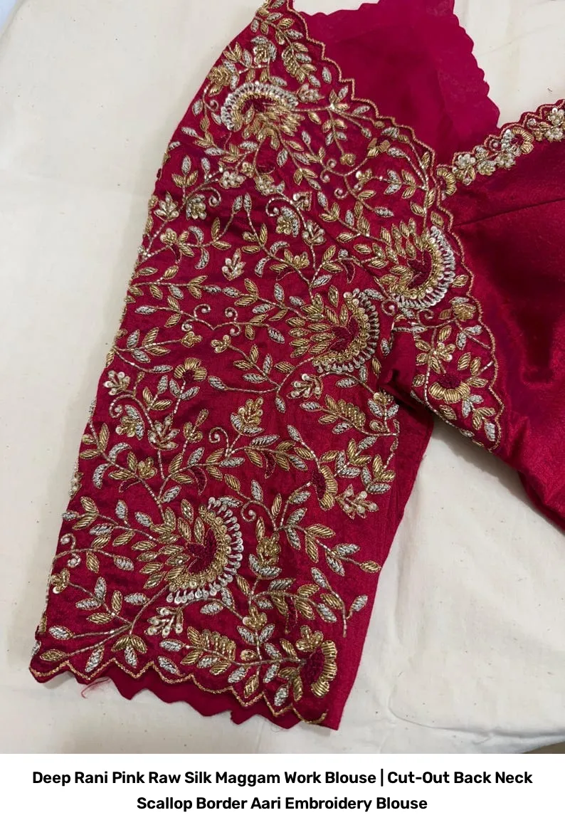 Deep Rani Pink Raw Silk Maggam Work Blouse | Cut-Out Back Neck Scallop Border Aari Embroidery Blouse 6